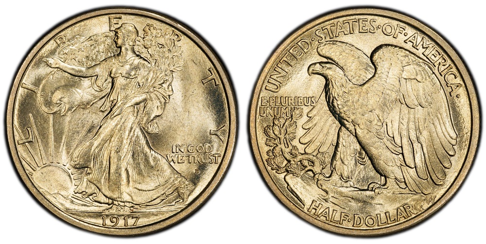 1917 Walking Liberty Half Dollar obverse showing Lady Liberty striding with American flag, silver coin