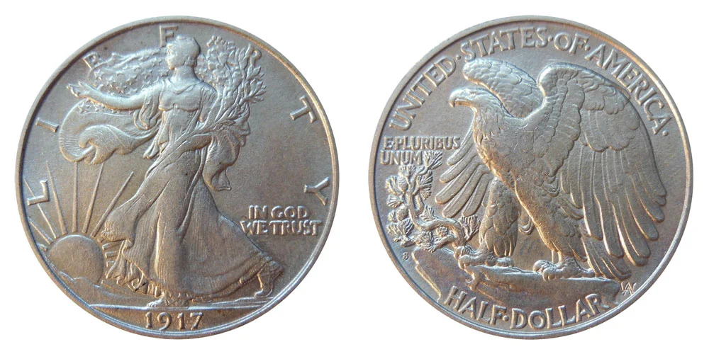Side-by-side comparison of 1917-S Obverse vs 1917-S Reverse Walking Liberty Half Dollar showing mint mark positions