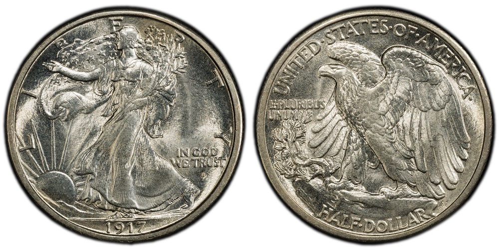 Close-up of 1917-S Obverse Walking Liberty Half Dollar showing S mintmark on the obverse below IN GOD WE TRUST