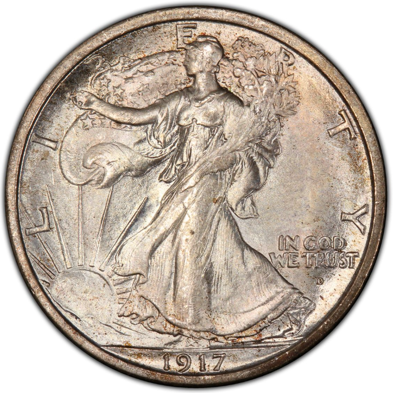 1917-D Obverse Walking Liberty Half Dollar showing D mintmark on obverse, key date low-mintage variety