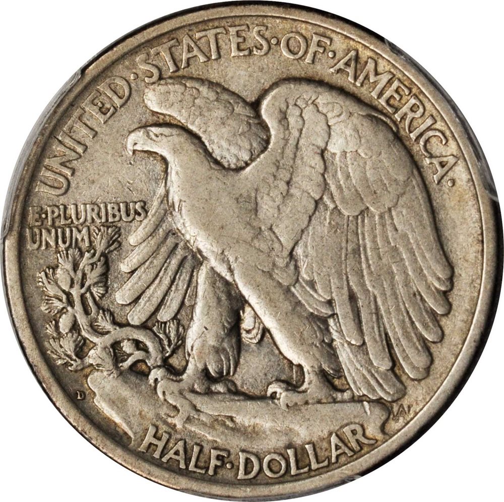 1917-D Reverse Walking Liberty Half Dollar reverse side showing D mintmark at lower-left rim near eagle position