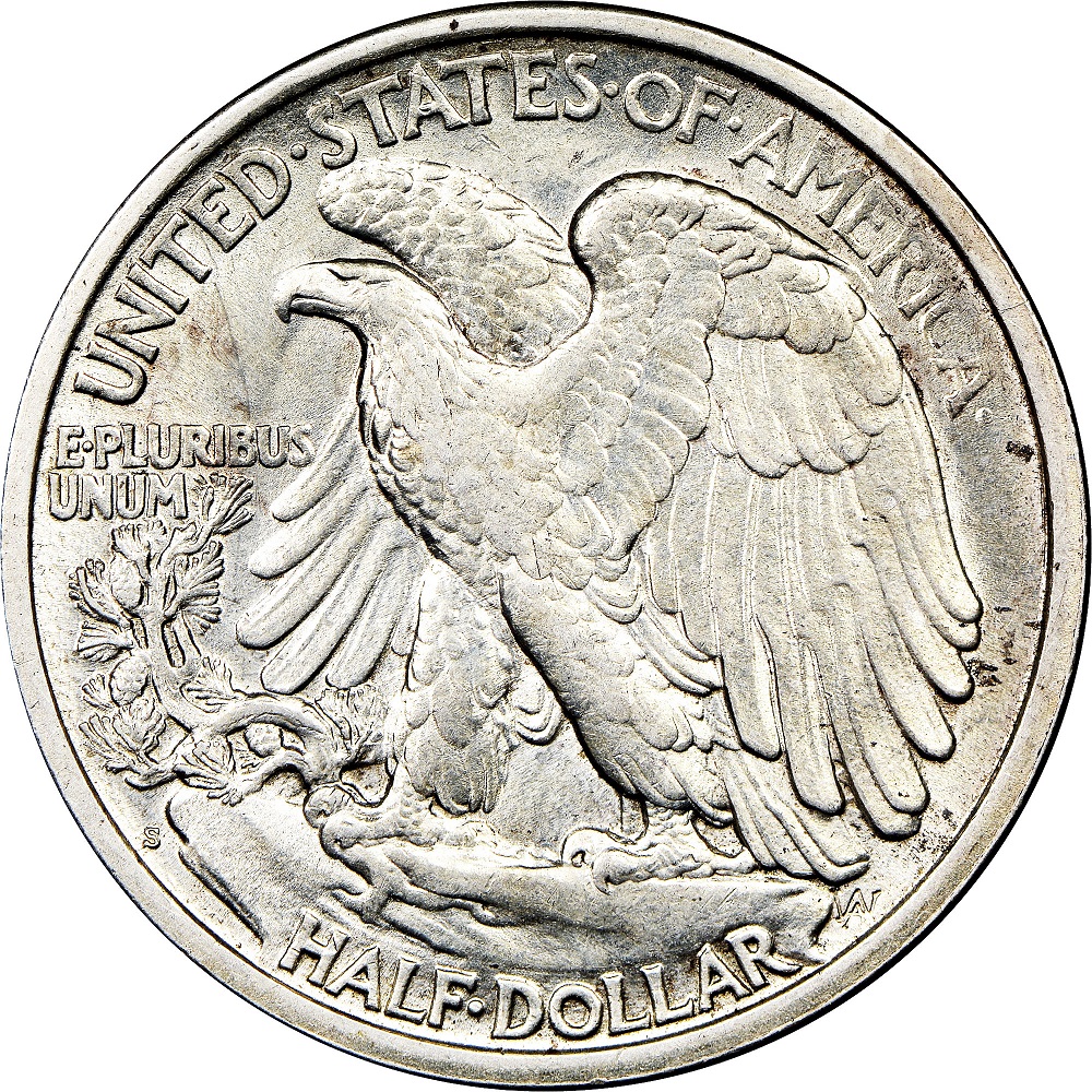 1917-S Reverse Walking Liberty Half Dollar showing S mintmark on reverse at lower-left rim area near eagle