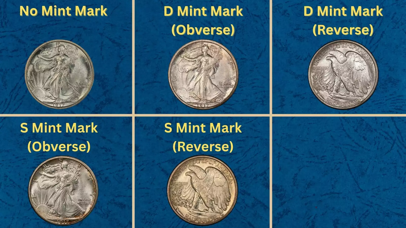 Group of all five 1917 Walking Liberty Half Dollar varieties arranged to show mintmark differences — Philadelphia, Denver Obverse, Denver Reverse, San Francisco Obverse, San Francisco Reverse