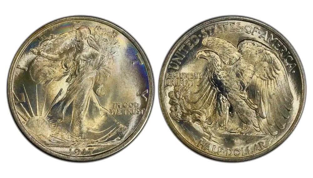 1917 Walking Liberty Half Dollar grading strip showing four condition tiers from Good to Mint State side by side for comparison